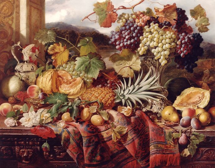 William Duffield - Still Life with Mixed Fruit &amp; a Rug with Landscape Beyond | MasterArt